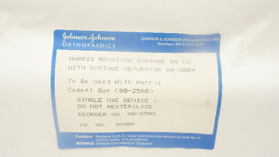 Johnson&Johnson Orthopaedics 80-2503 Harris Revision Syringe 60cc with Obturator